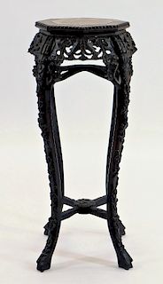 20C Chinese Carved Wood & Marble Plant Stand
