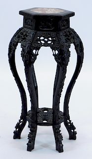 19C Chinese Carved Wood & Marble Plant Stand
