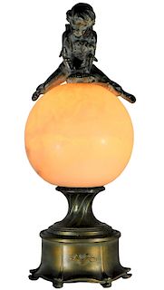 Art Nouveau Alabaster Spelter Leapfrog Table Lamp
