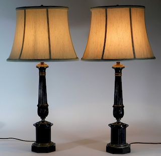 PR French Neoclassical Bronze Column Lamps