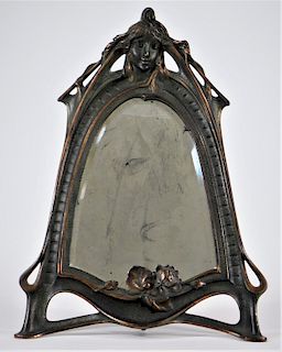 Art Nouveau Patinated Cast Iron Vanity Mirror