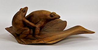 FINE Japanese Carved Wood Sculpture of Tree Frogs