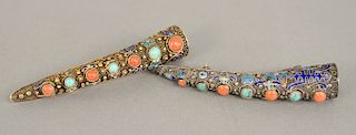 Two silver filigree pins mounted with coral and turquoise and having enamel decoration. lg. 3 1/2 in.