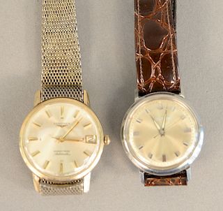 Two mens Longines Grand Prix automatic wristwatch, 10 karat gold filled with mesh metal band, Bulova Accutron. 33.8mm and 34.5mm