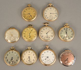Ten pocket watches to include Gruen Hamilton, Illinois Bulova, and South Bend.