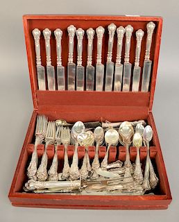 Sterling silver flatware set for eleven to include twelve dinner forks, thirteen luncheon forks, eleven salad forks, twelve cock...