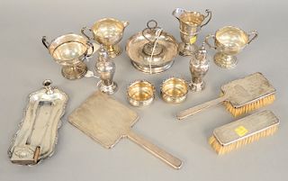 Tray lot of sterling silver, weighted sugar, creamer and dresser set, 22.3 troy ounces.