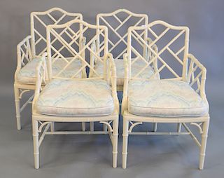 Set of four faux bamboo armchairs with caned seats, one seat as is.