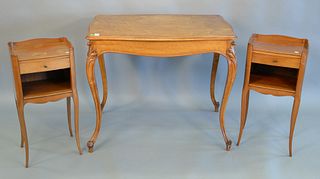 Three piece lot to include a tiger maple one drawer table (ht. 30 in., top: 22" x 35") and a pair of French stands, ht. 22 1/2 in., ...