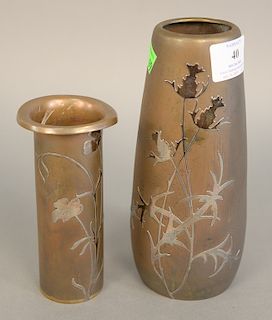 Two Heintz bronze vases with sterling silver overlay. ht. 6 in. and ht. 8 1/4 in.