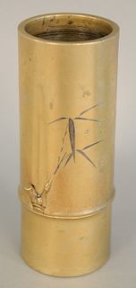 Japanese bronze bamboo form vase with silver inlaid leaf, ht. 7 in.