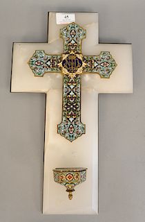 Large French enameled cross mounted on white onyx, ht. 16 in., wd. 10 in.