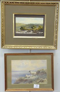 Four paintings to include watercolor rocky coast with fisherman, initialed EC 75, watercolor of mountain goats on ocean mountain, si...