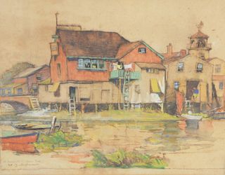 William James Aylward (American, 1875 - 1956), watercolor, houses near water, signed lower right W J Aylward, inscribed lower right ...