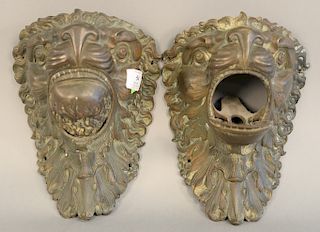 Pair of French lions head masks with billiard pool ball return mouths, 19th century, 10" x 8"