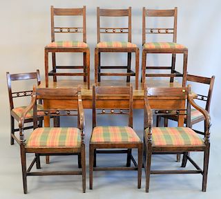 Nine piece lot to include set of eight oak dining chairs and Continental fruitwood extension table. ht. 29 1/2 in. top closed: 35" x...