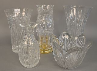 Five large crystal pieces to include Waterford decanters, large Waterford bowl and vase, along with a large crystal vase, unmarked, ht. 6 1/2 in. to 1