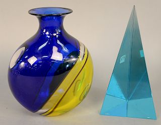 Two piece lot to include Archimede Seguso Murano blue, yellow, and clear glass vase (ht. 8 1/2 in.) and Archimede Seguso art glass p...