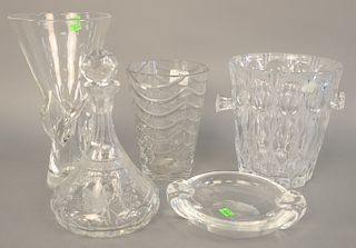 Five piece crystal group to include tall Steuben vase with twist body, Steuben ash tray, crystal decanter signed illegibly on side, ...