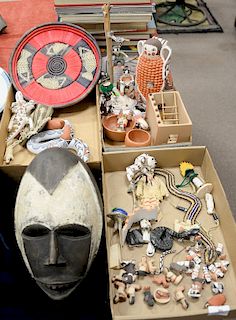 Three tray lots to include group of Indian figures, pottery figures, small Kachina dolls, Aggie Acoma sculpture, mask, etc.