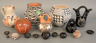 Seventeen piece lot of Indian pottery bowls and pitchers to include, two Acoma painted bowls, one with 2003 receipt from Clearing House, Santa Clara b