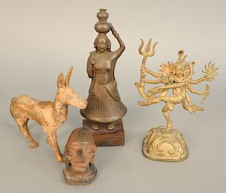 Four piece group to include ancient stoneware head, bronze figure of a woman, animal figure with remnants of gold gilt, and a bronze deity figure, ht.