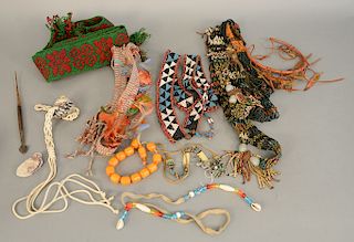 Tray lot with beaded Indian belt and necklaces, and a woven headdress.
