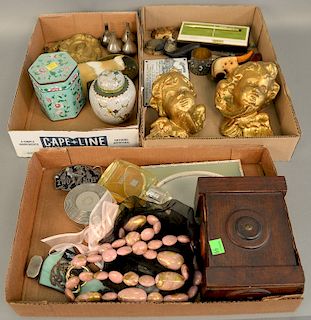 Three tray lots consisting of sewing box, vassilia necklace, enameled owl tray, two cloisonne boxes, enameled napkin ring, meerschau...
