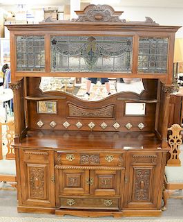 Mahogany barback having leaded stained glass top with mirrored back inlaid with tiles on base with doors and drawers (removable top ...