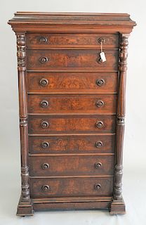 Victorian walnut and burl walnut lockside chest with carved columns, ht. 65 1/2 in., wd. 37 in.