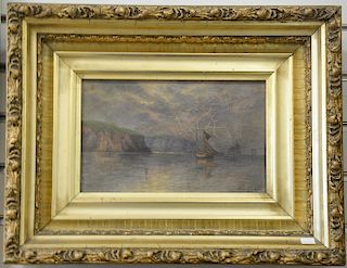 A.R. Weller, oil on canvas, seascape of ships off coast East Bay of Fundy, signed lower right A. Rutherford Weller 1907, titled and signed on stretche