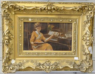 Robert Poetzelberger (1856 - 1930), oil on canvas, Woman seated at piano, with receipt from 1997, 6 1/2" x 10"