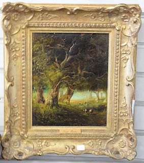 Joseph Backer, oil on canvas, Forest landscape with sheep, signed lower right, 10" x 8"