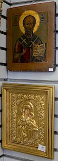 Two religious icons, Sam and Nicholas of Myra and a Russian icon with gilt frame mother and child, 12" x 10", 10 1/2" x 8 1/2"
