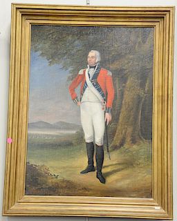 Unsigned, landscape with full length portrait of an officer in red coat with tents in the background, 19th century, 27" x 20"