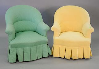 Three piece lot, to include pair of upholstered boudoir chairs upholstered differently, along with a tufted back armchair.