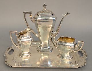 Sterling silver four piece tea set with tray, teapot ht. 9 in., 58.3 troy ounces.