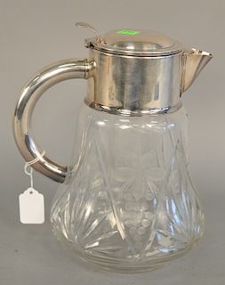 Cocktail shaker, thermos, pitcher, carafe, crystal with silverplate top and handle with strainer for spout opening to covered glass ...