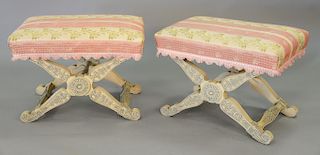 Pair of stools having curule bases and silk upholstered tops. ht. 17 1/2 in.