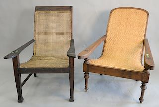 Two plantation type armchairs, one caned with woven seat and back. ht. 38 in. and 38 in.