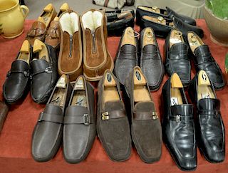Ten pairs of men's shoes to include Salvatore Ferragamo, Paul Stuart loafers, Prada, Ermenegildo Zegna, size 10
