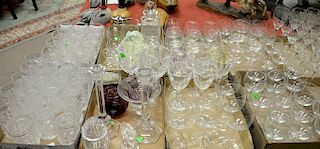 Large group of crystal to include forty four champagne stems, twenty eight white wine, brandy snifters, crystal decanter, etched gla...