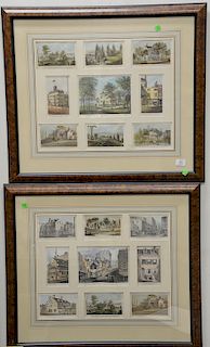 Group of seven frames colored postcard groups by Major and Knapp, New York scenes, along with three double page news paper illustrat...