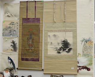 Group of Asian scrolls and paintings on tissue paper, ten pieces. 14 1/2" x 14 1/2" to 53" x 13"