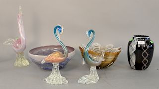 Six piece art glass group to include three Murano swans, purple and blue bowl, carmel and white bowl with ruffle rim, and an art gla...