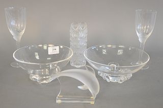 Six piece crystal group to include pair of Lalique crystal stems with frosted winged angels in fitted box, two Steuben bowls, Laliqu...