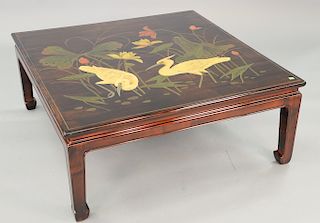 Contemporary coffee table with birds and flowers. ht. 17 in., top: 42" x 42"