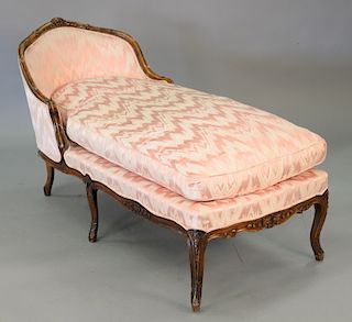 Louis XV style carved chaise lounge, pink silk upholstery, to include receipt from Sotheby Parke Bernet April 1975, lg. 60 in.