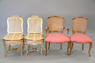 Pair of silvered Louis XV style side chairs (one with canning as is)