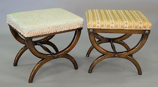 Pair of curule work stools, each with non-matching upholstered tops. ht. 18 in., top: 15" x 19 1/2"